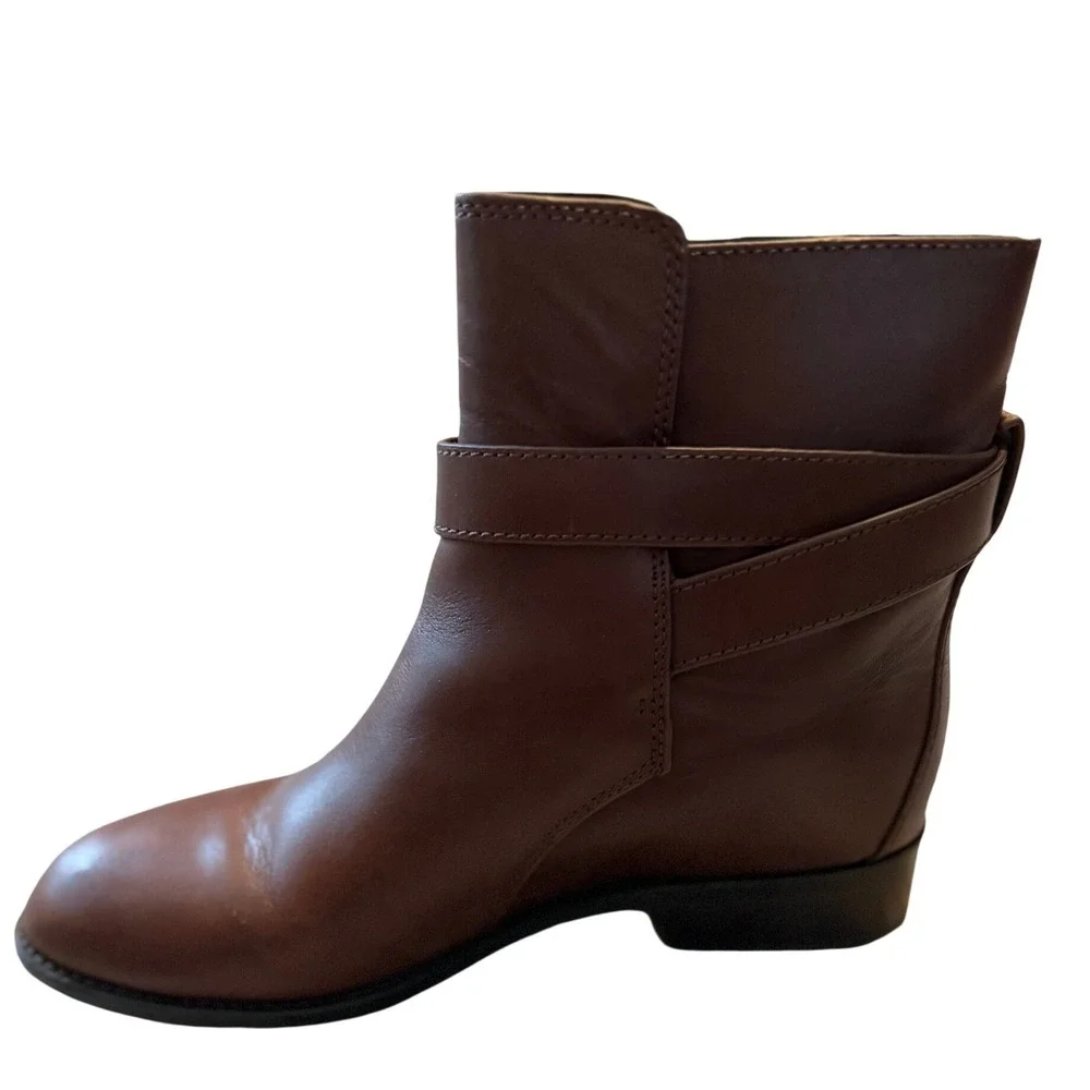 Tory Burch Brooke Brown Calf Leather Ankle Bootie Gold Logo Womens 7
